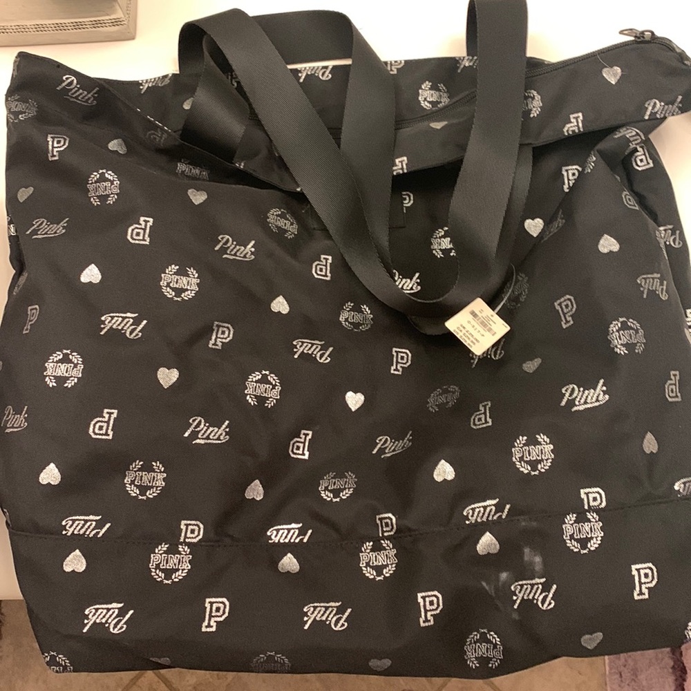NWT!  Pink Victoria Secret black and silver logo tote
